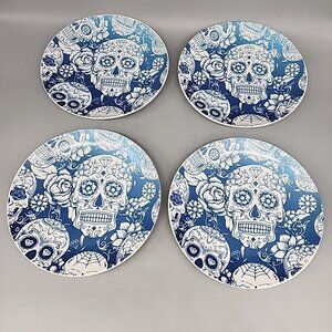 Bread+Butter Halloween Day Of The Dead Sugar Skull Salad Plates Blue White Set 4